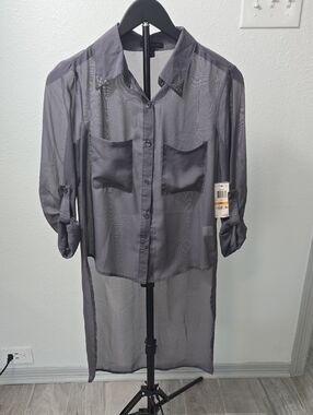 Material Girl Sheer Longline Button-Down Shirt - Gray